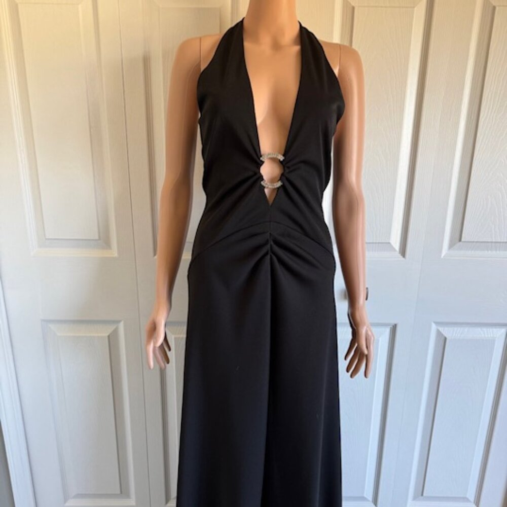 Sexy Black Gown w/ Plunging Neckline and Diamond Jewel Accent  by Jouani Size 6